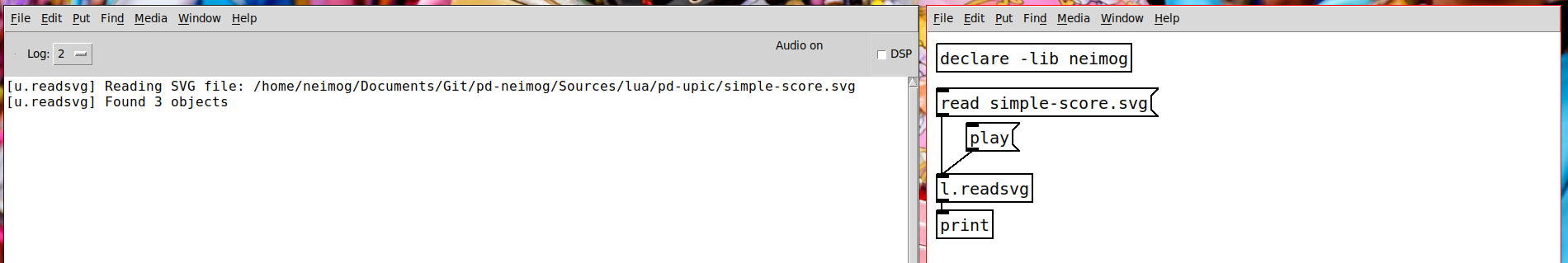 Pure Data patch showing l.readsvg usage